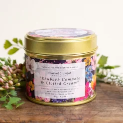 Toasted Crumpet Rhubarb Compote & Clotted Cream Candle in a Matt Gold Tin- Home Fragrance