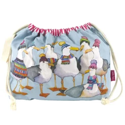 Emma Ball Seagulls in Beanies Drawstring Cotton Bag- Crafts|Bags