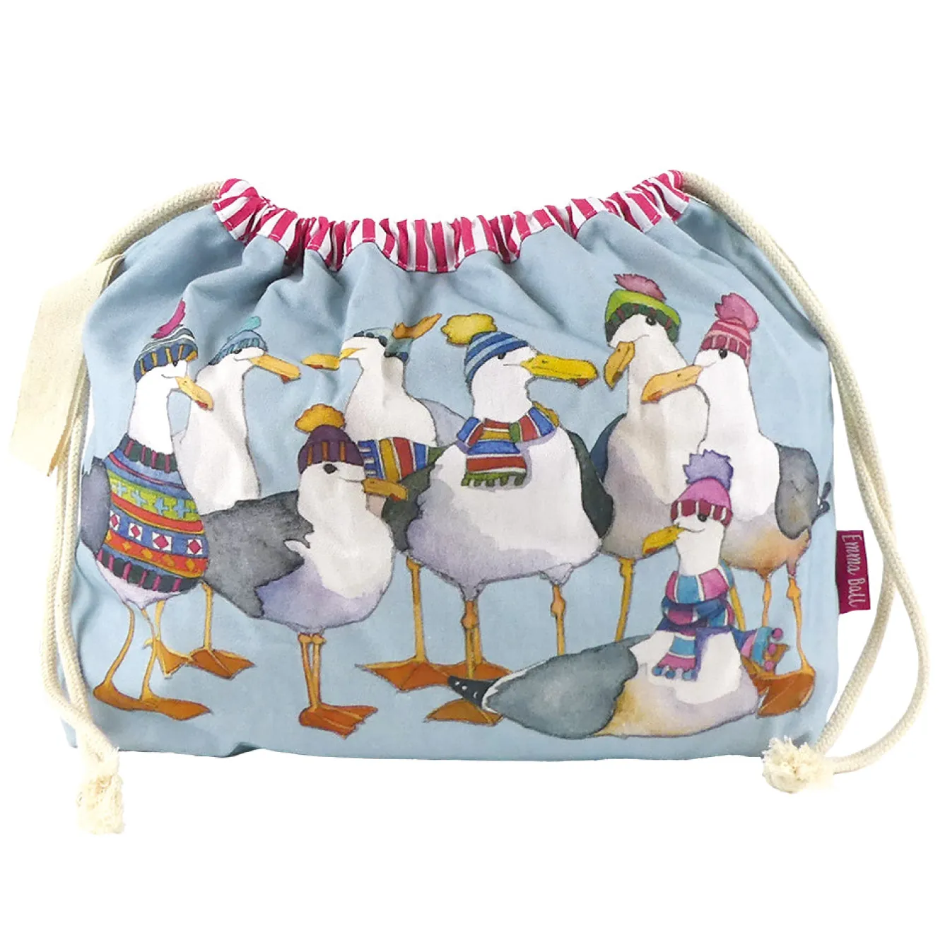 Emma Ball Seagulls in Beanies Drawstring Cotton Bag- Crafts|Bags