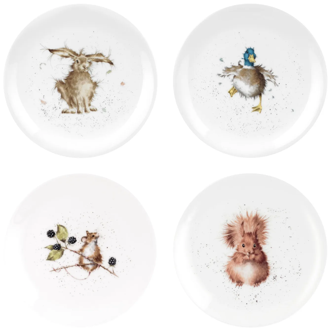 Wrendale Designs Set of Four 8 Inch Coupe Plates (Hare, Duck, Mouse, Squirrel)- Plates