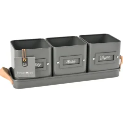 Burgon & Ball Set of 3 Herb Pots in a Leather Handled Tray - Grey- Gardening|Gardening