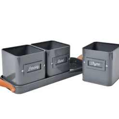 Burgon & Ball Set of 3 Herb Pots in a Leather Handled Tray - Grey- Gardening|Gardening