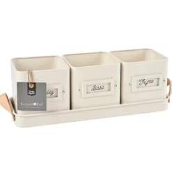 Burgon & Ball Set of 3 Herb Pots in a Leather Handled Tray - Stone- Gardening|Gardening