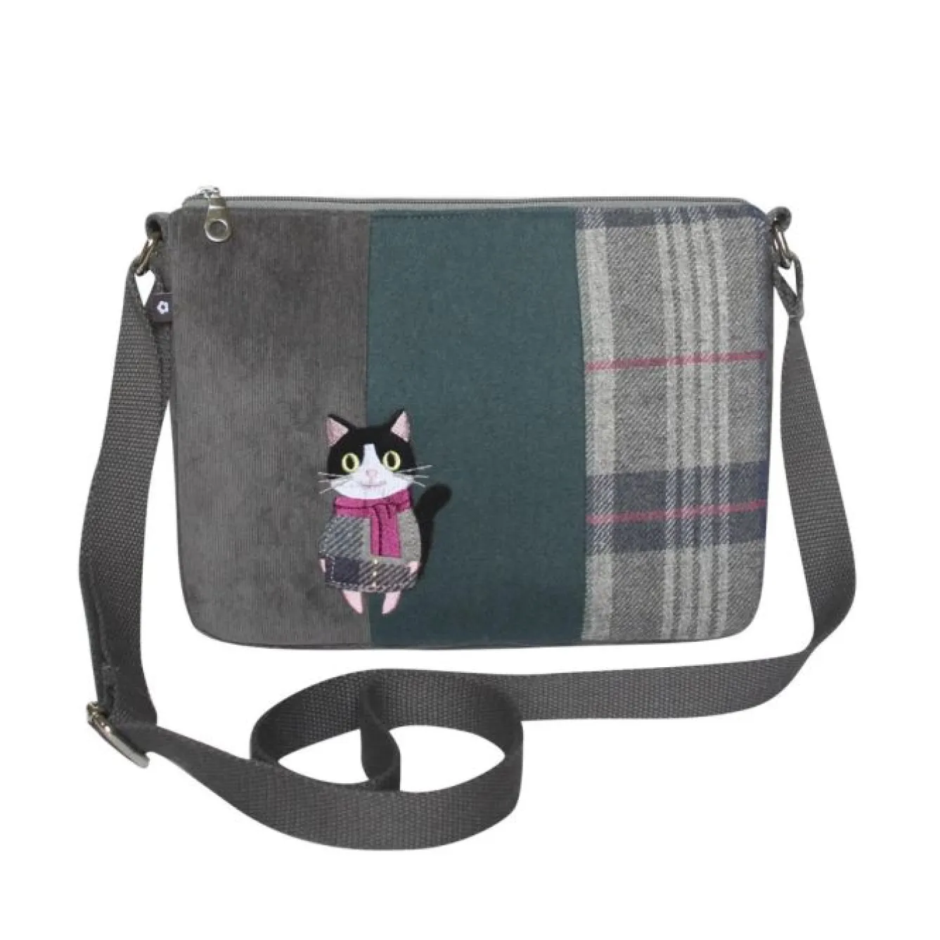 Earth Squared Bags Tweed Applique Cat with Scarf Messenger Bag- Bags