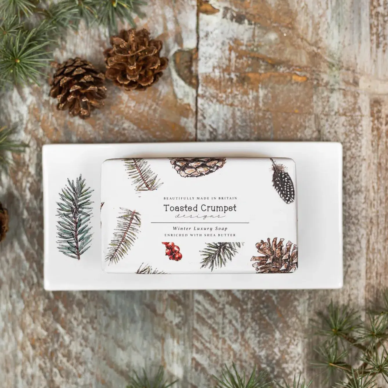 Toasted Crumpet Winter Spruce Bone China Rectangular Soap Dish- Soaps & Lotions