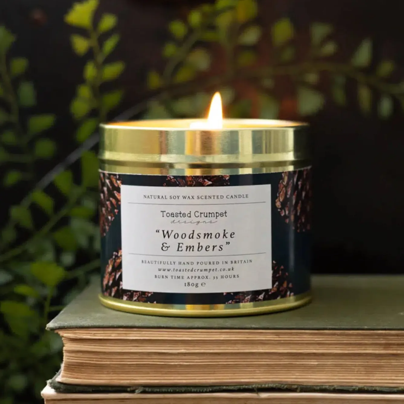 Toasted Crumpet Woodsmoke & embers Candle in a Matte Gold Tin- Christmas