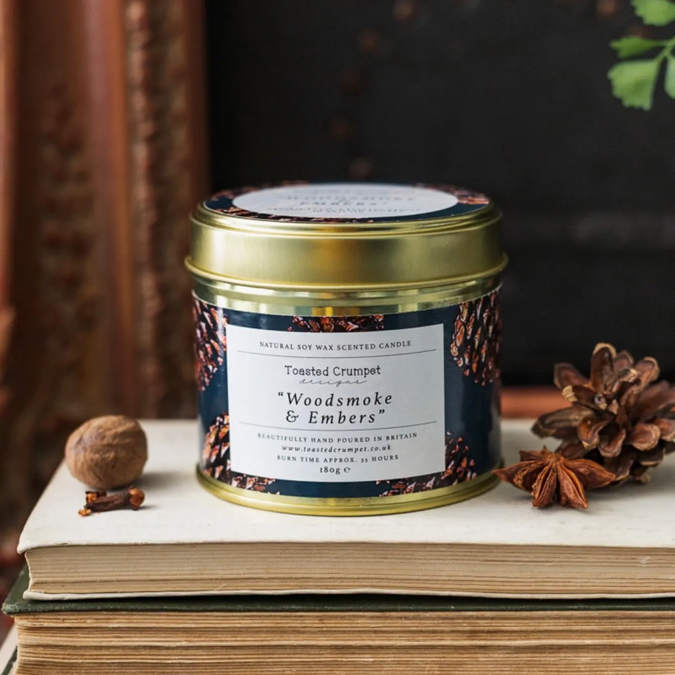 Toasted Crumpet Woodsmoke & embers Candle in a Matte Gold Tin- Christmas