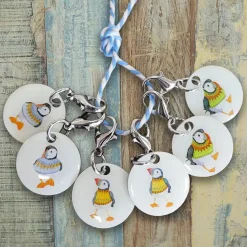 Emma Ball Woolly Puffins Set of 6 Stitch Crochet Markers in a Pocket Tin- Crafts
