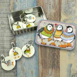 Emma Ball Woolly Puffins Tin and  Set of 6 Stitch Markers- Crafts
