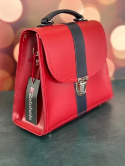 Zatchels Handmade Leather Kensington Handbag - Red with Navy Contrast- Bags