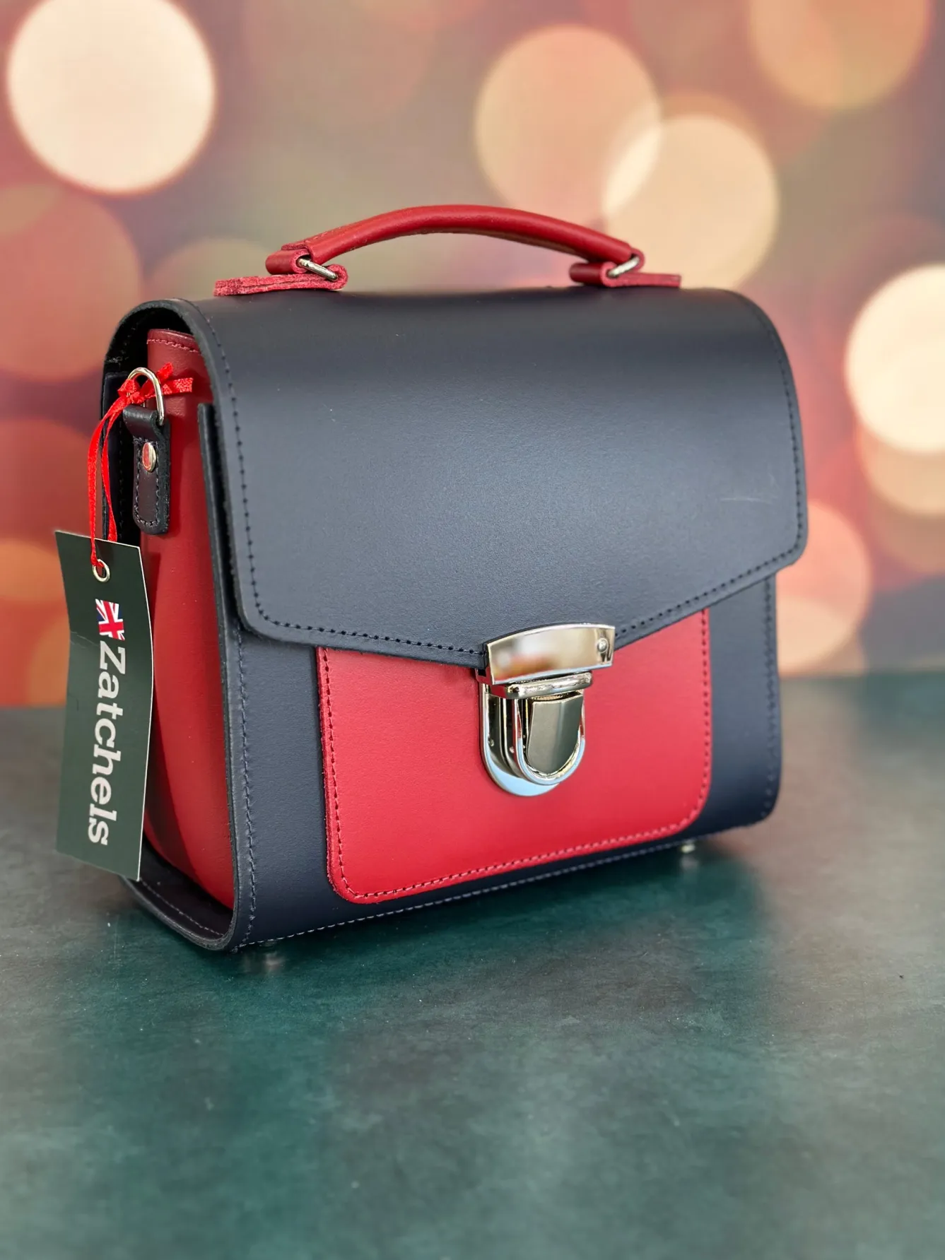Zatchels Handmade Leather Sugarcube Plus Handbag - Navy with Red Contrast- Bags