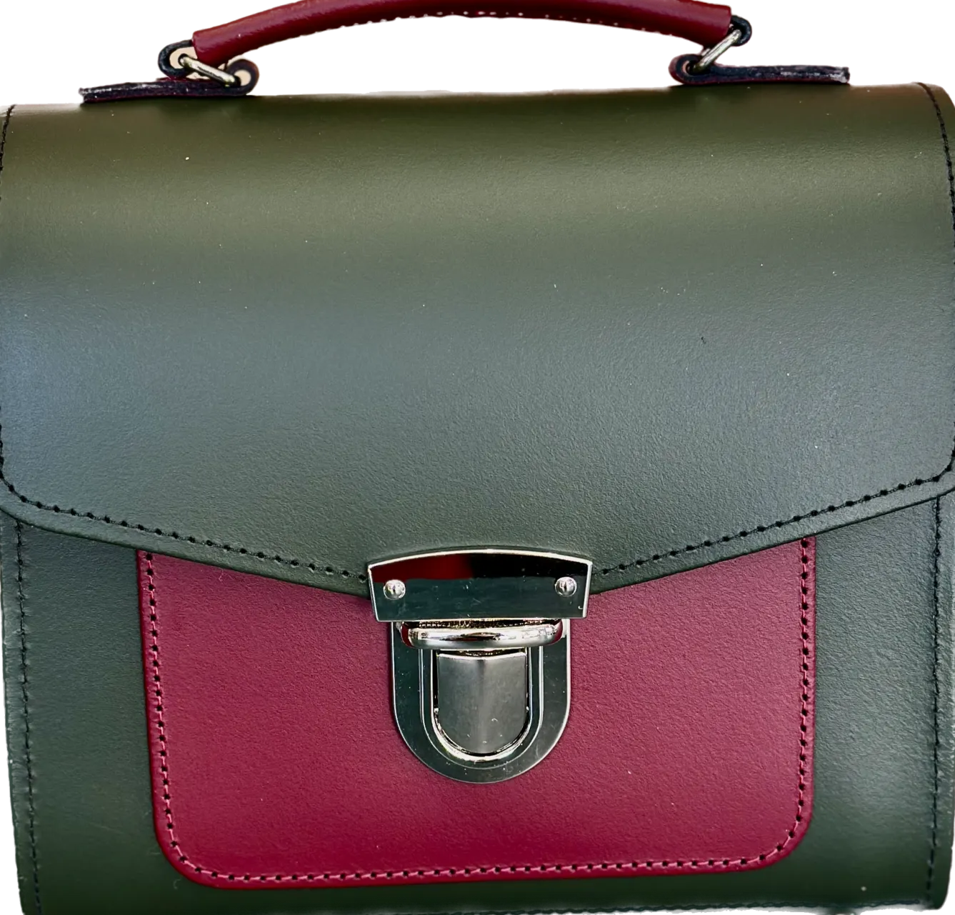 Zatchels Handmade Leather Sugarcube Plus Handbag - Ivy Green with Oxblood Contrast- Bags