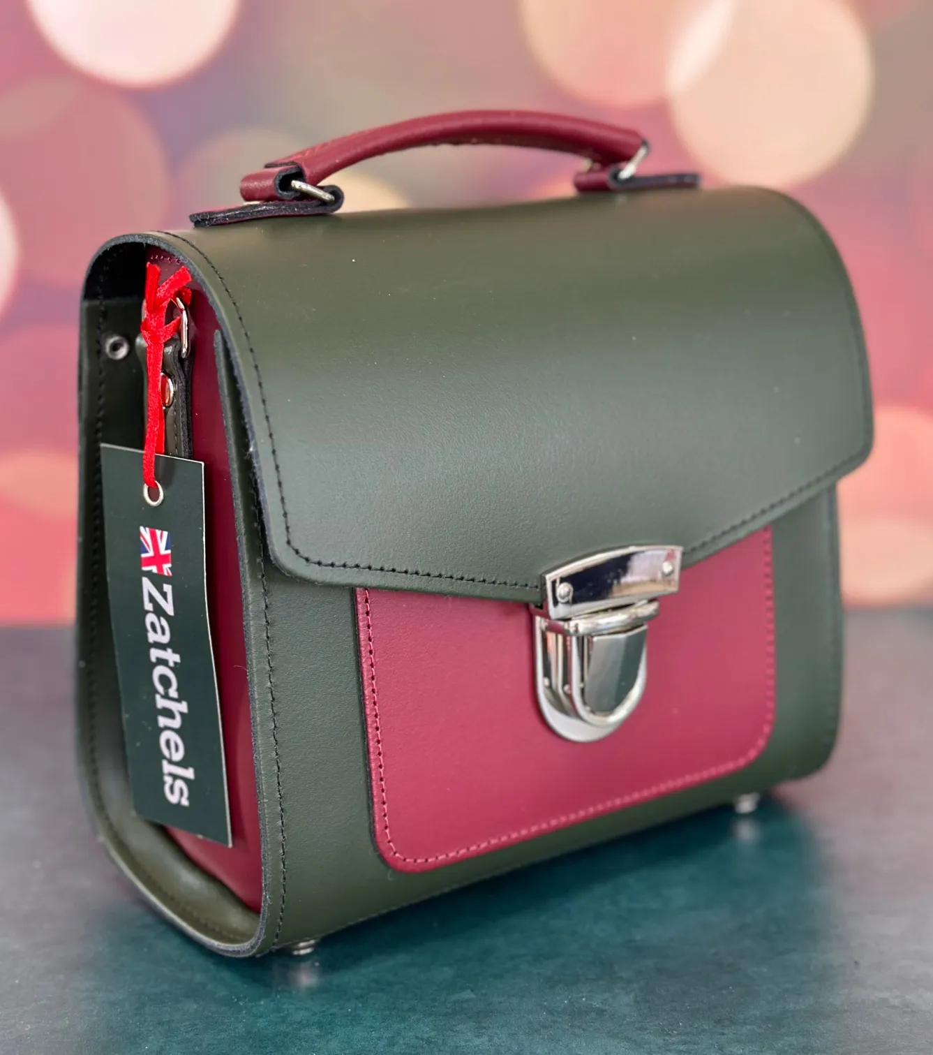Zatchels Handmade Leather Sugarcube Plus Handbag - Ivy Green with Oxblood Contrast- Bags