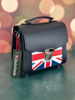 Zatchels Handmade Leather Sugarcube Plus Handbag - Navy with Union Jack- Bags